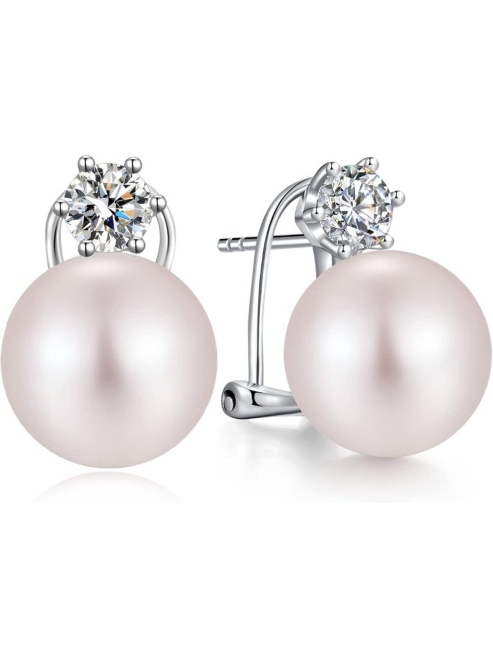 Elegant Large Pearl Stud Earrings, 925 Sterling Silver & Cubic Zirconia, Gift